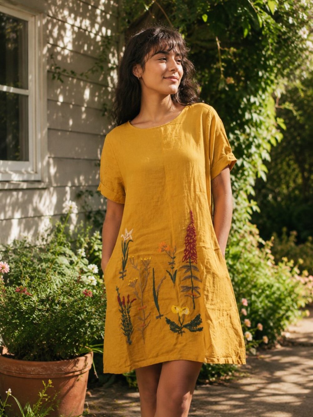 Hand Embroidered Linen-style Mustard Yellow midi dress with flowers - size L